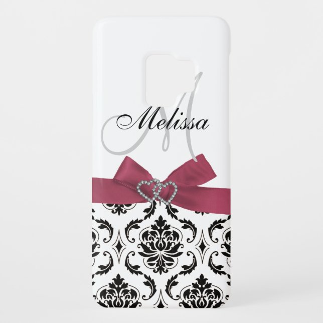 Personalized Black Damask Pink Bow Diamond Hearts Case-Mate Samsung Galaxy Case (Back)
