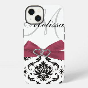 Personalized Black Damask Pink Bow Diamond Hearts iPhone 13 Case