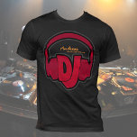Personalized Black DJ Tee<br><div class="desc">The abbreviation DJ and a red headphone image. A fashion idea to promote the deejay.</div>