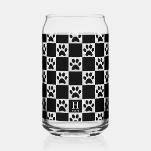 Personalized Black Dog Paw Print Chequered Pattern Can Glass