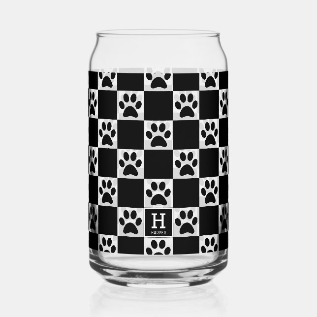 Personalized Black Dog Paw Print Chequered Pattern Can Glass (Front)