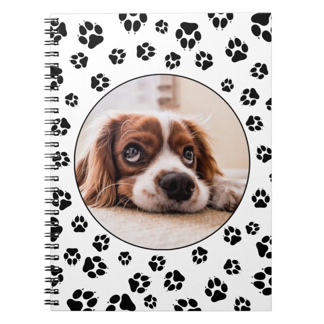 Personalized Black Dog Pawprints Puppy Photo Notebook (Front)