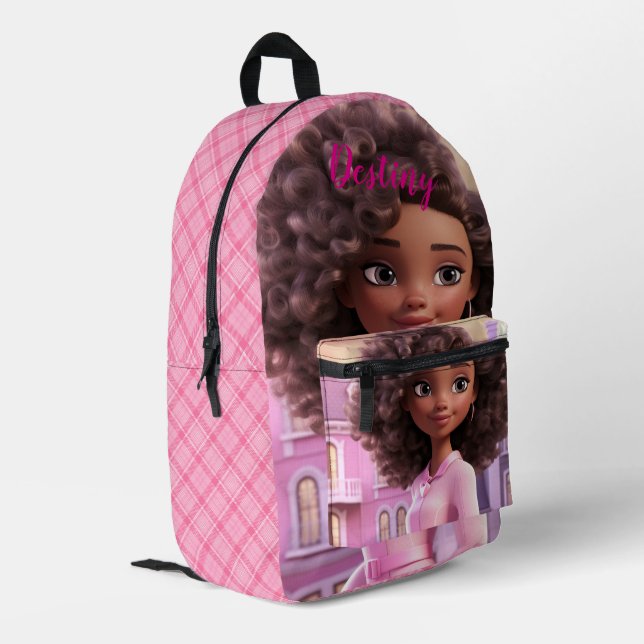 Personalized Black doll plaid Printed Backpack (Back Corner Left)