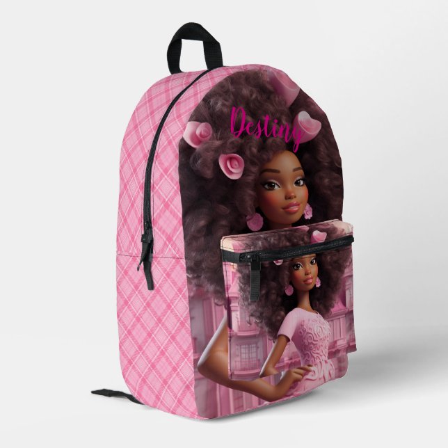 Personalized Black doll plaid Printed Backpack (Back Corner Left)