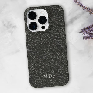 Personalized Black Faux Leather Look Monogram iPhone 15 Pro Case