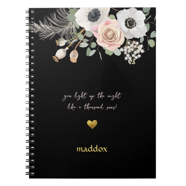 Personalized Black & Floral Pink  Notebook (Front)