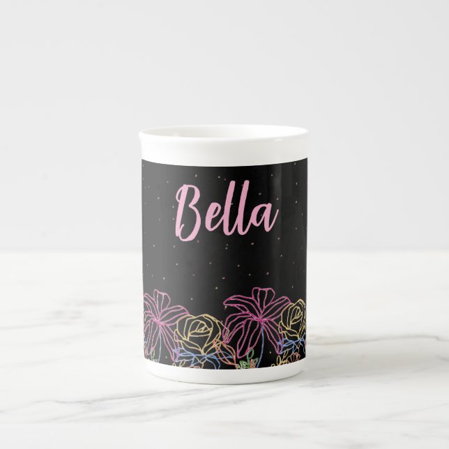 Personalized Black Floral  Starry Night Coffee Mug (Front)