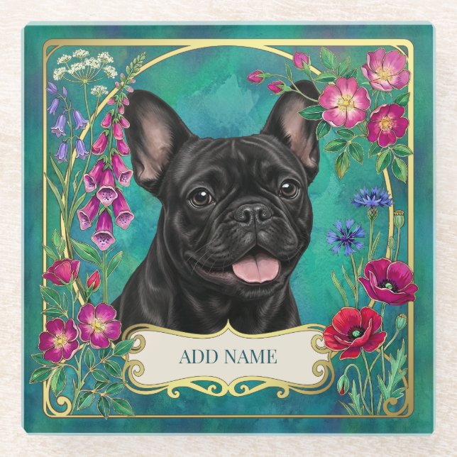 Personalized Black French Bulldog Teal Coaster (Front)