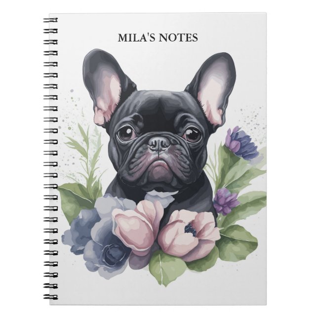 Personalized Black Frenchie Pug Dog Watercolor Notebook (Front)