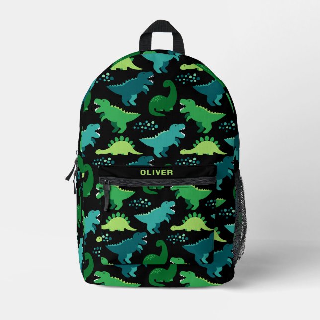 Personalized Black Funny Dinosaur Dino Pattern Printed Backpack (Front)