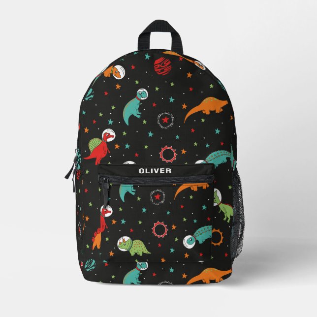 Personalized Black Funny Dinosaur Dino Space Printed Backpack (Front)
