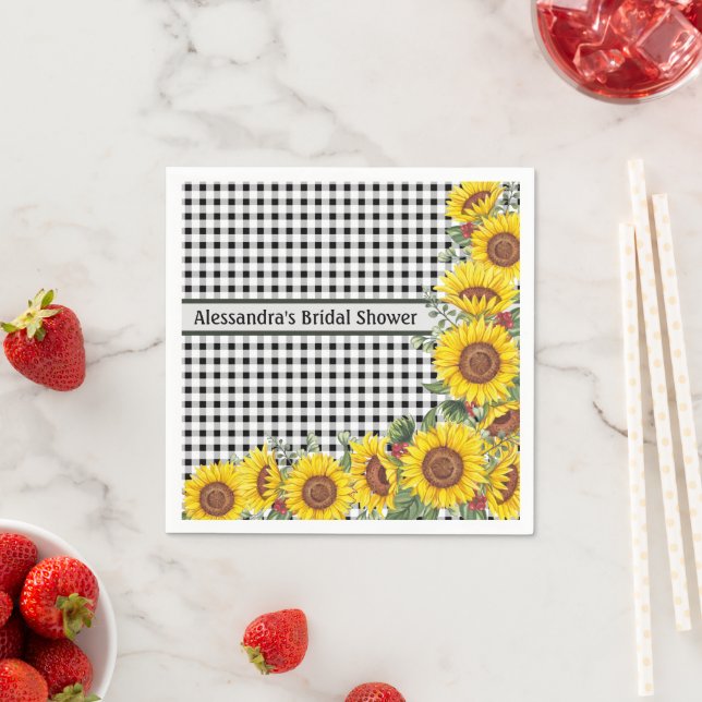 Personalized Black Gingham & Sunflowers Napkins (Insitu)