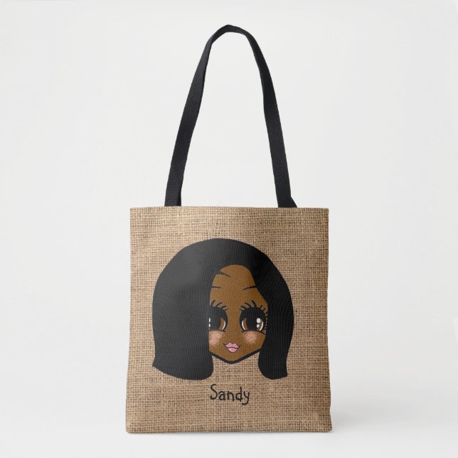 Personalized black girl Caricature Jute Print Tote Bag (Front)