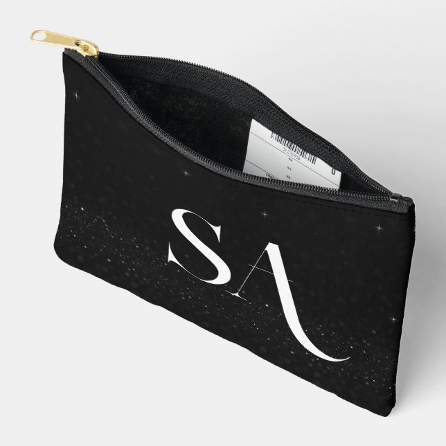 Personalized Black Glitter Initials Small  Accessory Pouch (Open)