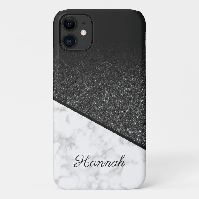 Personalized Black Glitter - White Marble Case-Mate iPhone Case (Back)