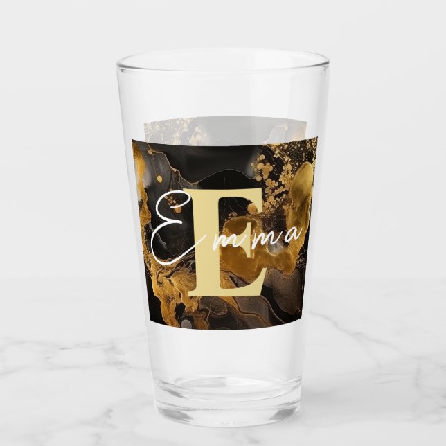 Personalized Black & Gold Alcohol Ink Glass (Front)
