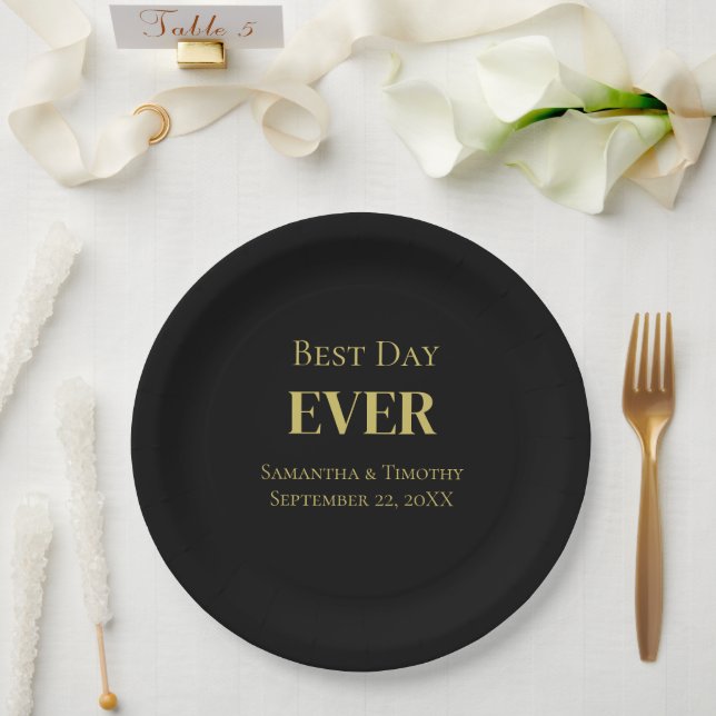 Personalized Black Gold Best Day Ever Wedding Paper Plate (Wedding)