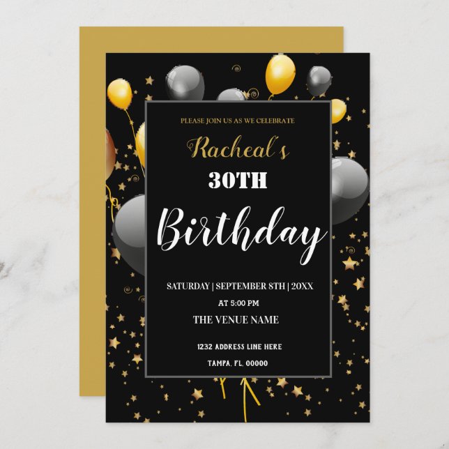 Personalized Black & Gold Birthday Invitation (Front/Back)
