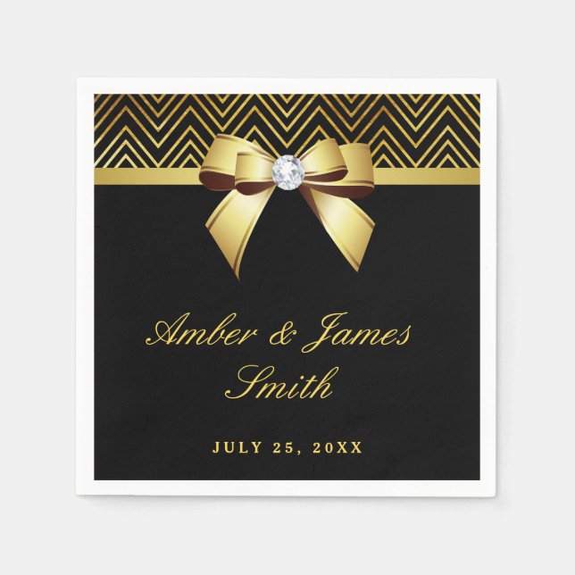 Personalized Black Gold Chevrons Bow Wedding Napkin (Front)