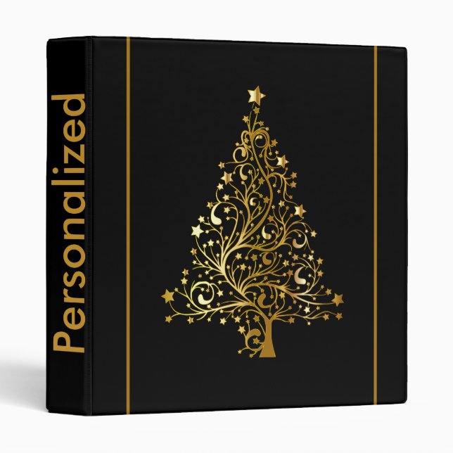 Personalized Black Gold Christmas Tree Pattern Binder (Front/Spine)