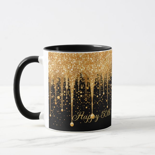 Personalized Black Gold Dripping Glitter Birthday Mug (Left)
