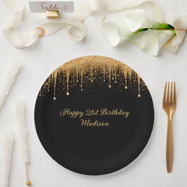 Personalized Black Gold Dripping Glitter Birthday Paper Plate (Wedding)