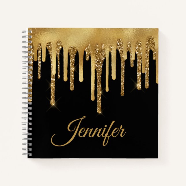 personalized black gold dripping glitters luxury  notebook (Front)