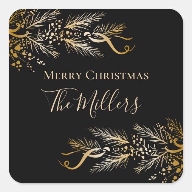 Personalized Black Gold Elegant Merry Christmas Square Sticker (Front)