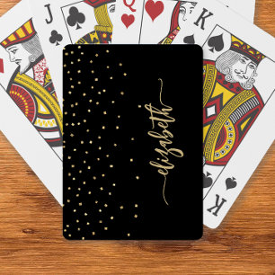Personalized Black Gold Elegant Script Confetti Playing Cards