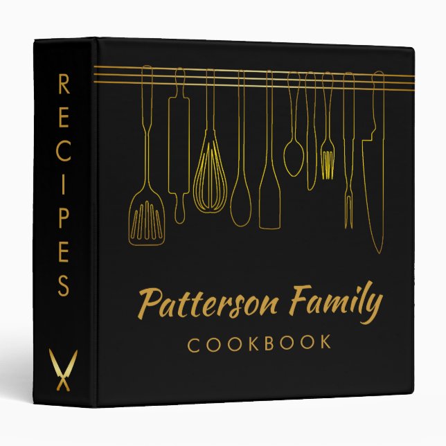 Personalized Black Gold Family Recipe Cookbook 3 R Binder (Front/Spine)