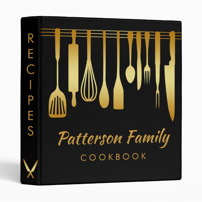 Personalized Black Gold Family Recipe Cookbook Binder (Front/Spine)