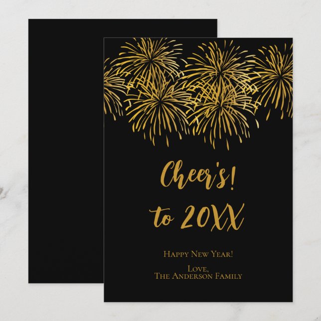 Personalized Black Gold Fireworks Happy New Year  Announcement (Front/Back)