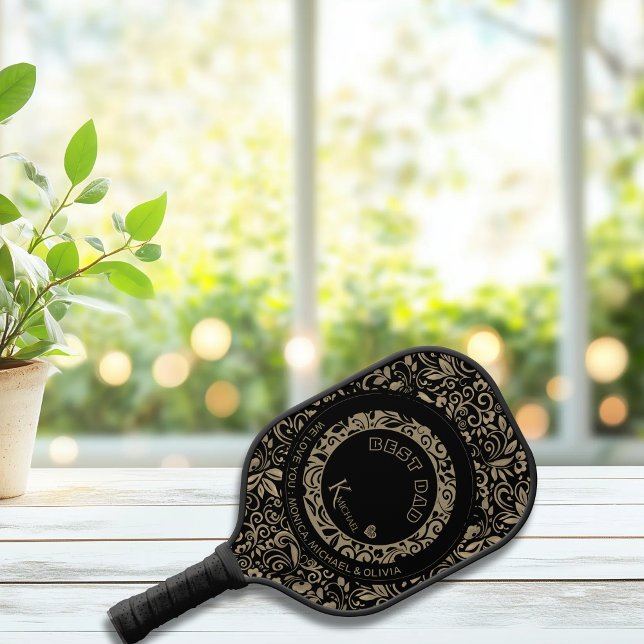 Personalized Black Gold Floral Pattern Monogram Pickleball Paddle (Personalized Black Gold Floral Pattern Monogram Pickleball Paddle)