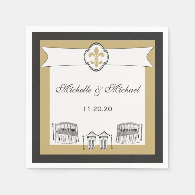 Personalized Black Gold French Quarter Scene Napkin (Front)