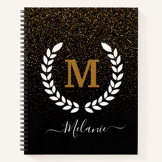 Personalized  Black Gold Glitter Monogram Name Notebook (Front)