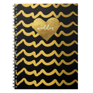 Personalized Black & Gold Glittery Stripes Notebook