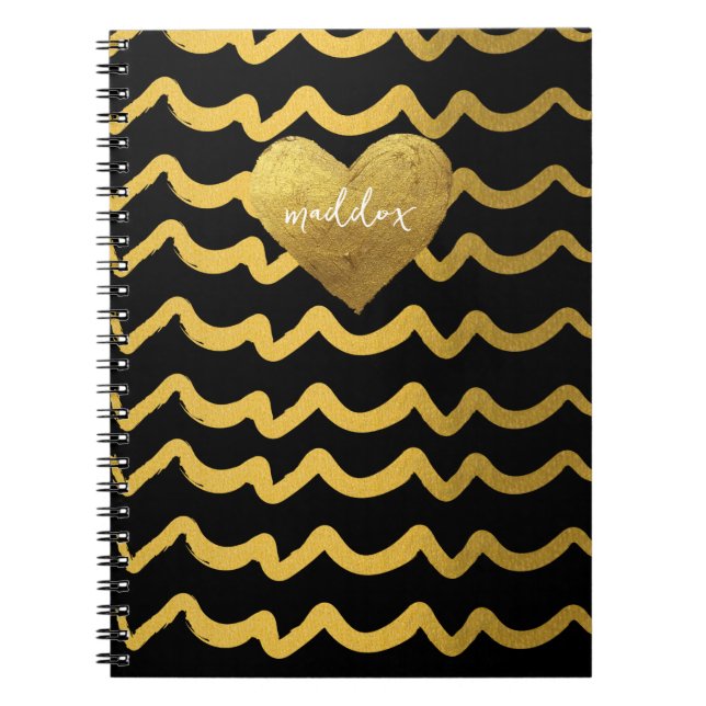 Personalized Black & Gold Glittery Stripes Notebook (Front)