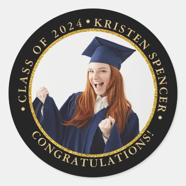 Personalized Black Gold Graduate Photo Graduation Classic Round Sticker (Front)