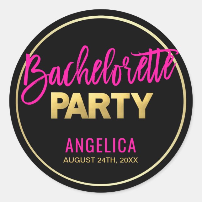 Personalized Black Gold Hot Pink BACHELORETTE Classic Round Sticker (Front)