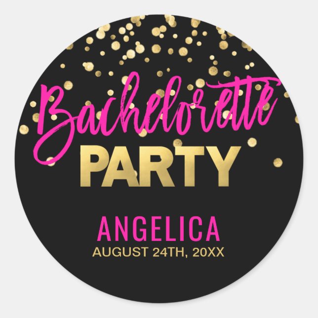 Personalized Black Gold Hot Pink BACHELORETTE Classic Round Sticker (Front)