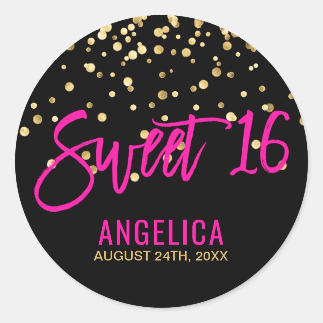 Personalized Black Gold Hot Pink Sweet SIXTEEN 16 Classic Round Sticker (Front)