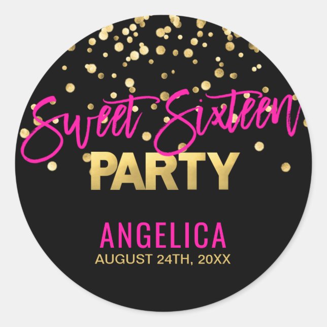 Personalized Black Gold Hot Pink Sweet SIXTEEN 16 Classic Round Sticker (Front)