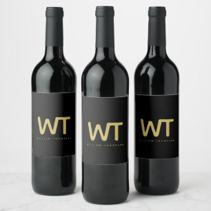 Personalized Black Gold Initials Logo  Wine Label