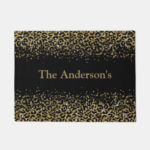 Personalized Black Gold Leopard Print Trendy Chic Doormat