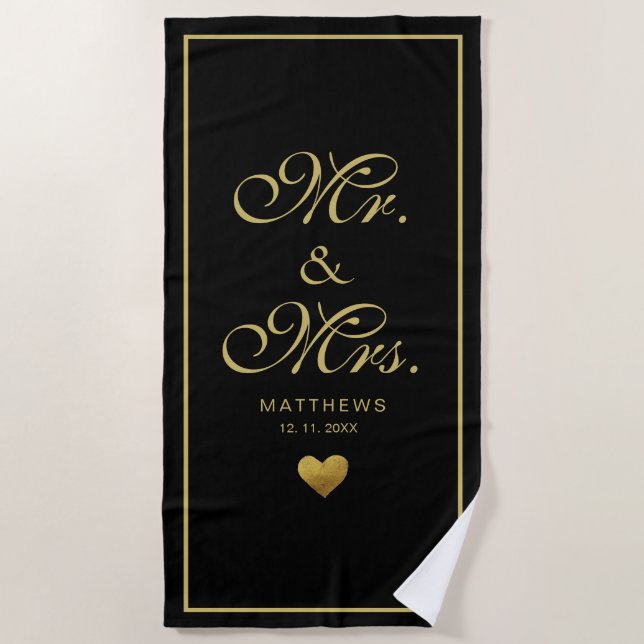 Personalized black gold love Heart mr and mrs  Beach Towel (Front)