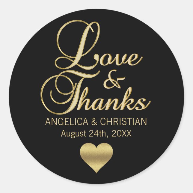 Personalized Black Gold LOVE & THANKS Wedding Classic Round Sticker (Front)