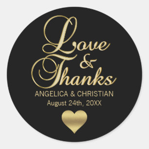 Personalized Black Gold LOVE & THANKS Wedding Classic Round Sticker