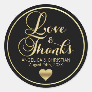 Personalized Black Gold LOVE & THANKS Wedding Classic Round Sticker