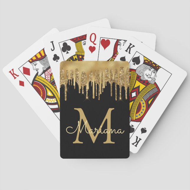 personalized  black gold luxury dripping glitters playing cards (Back)