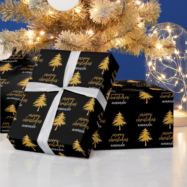 Personalized Black Gold Merry Christmas Gift Wrapping Paper (Holidays)